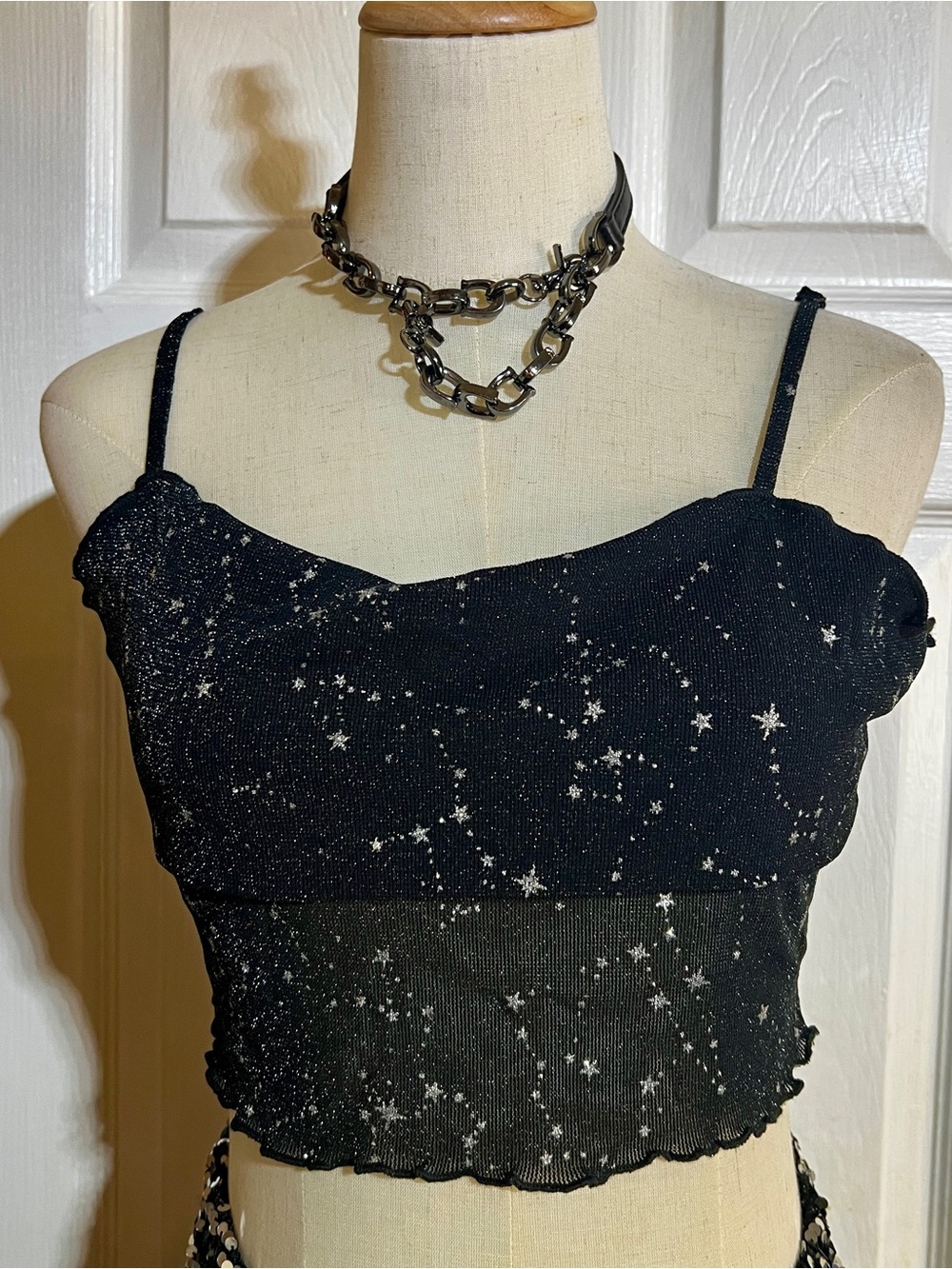 Women’s Rave Festival Glam Edit Bundle Sheer Star Top Sequin Boho Flare Pants L - Picture 4 of 15